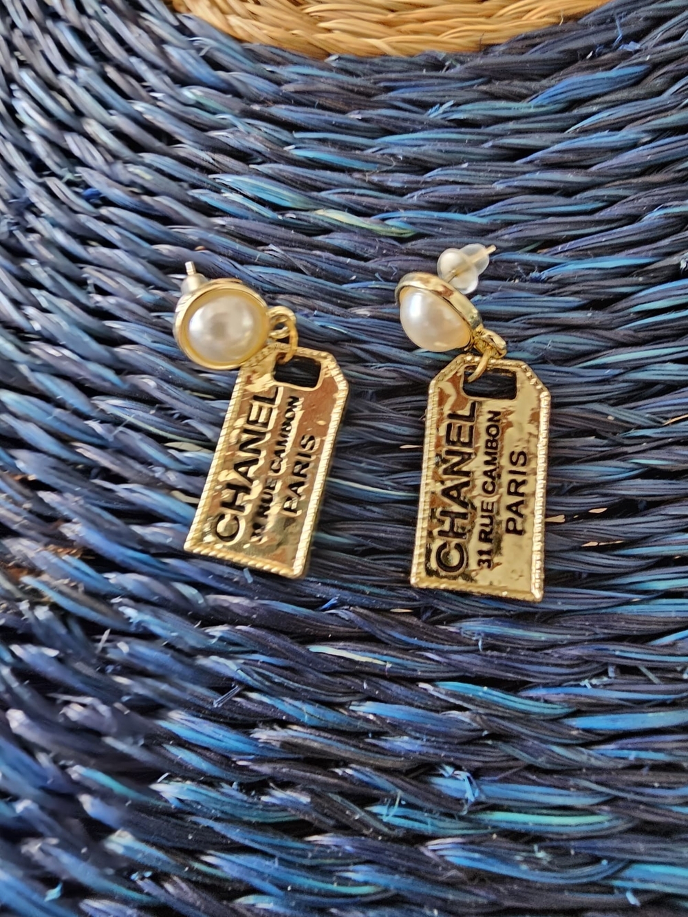 Gold Tone Tag Earrings with Pearl Studs